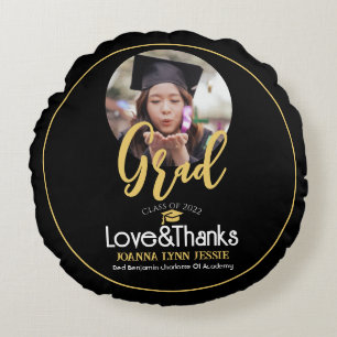 Elegant Graduation gold Cap Thanks Script Photo Round Pillow