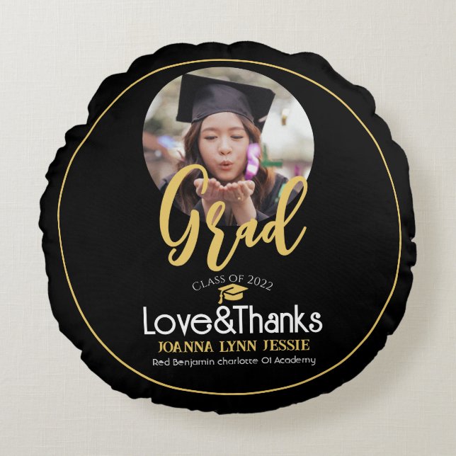 Elegant Graduation gold Cap Thanks Script Photo Round Pillow (Front)