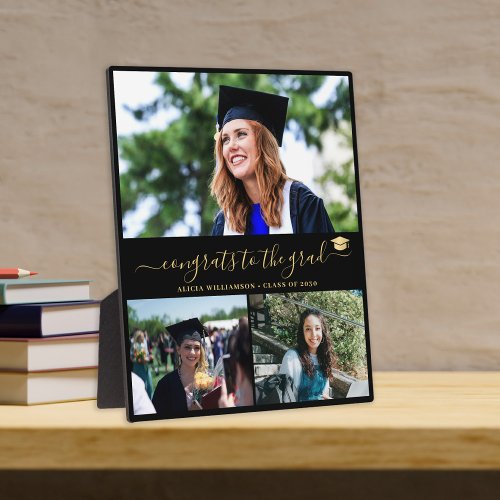 Elegant graduation grad 3 photo collage gold black plaque