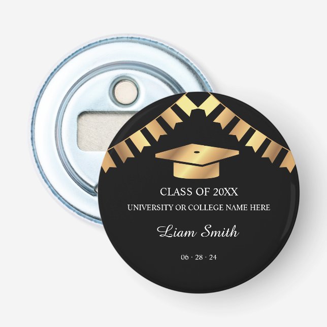Elegant Graduation Keepsake Black and Gold Theme Bottle Opener (Front)
