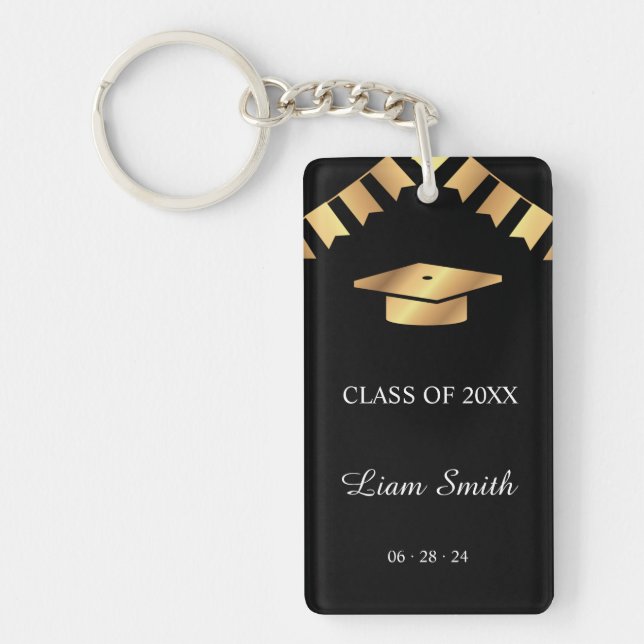 Elegant Graduation Keepsake Black and Gold Theme Keychain (Front)