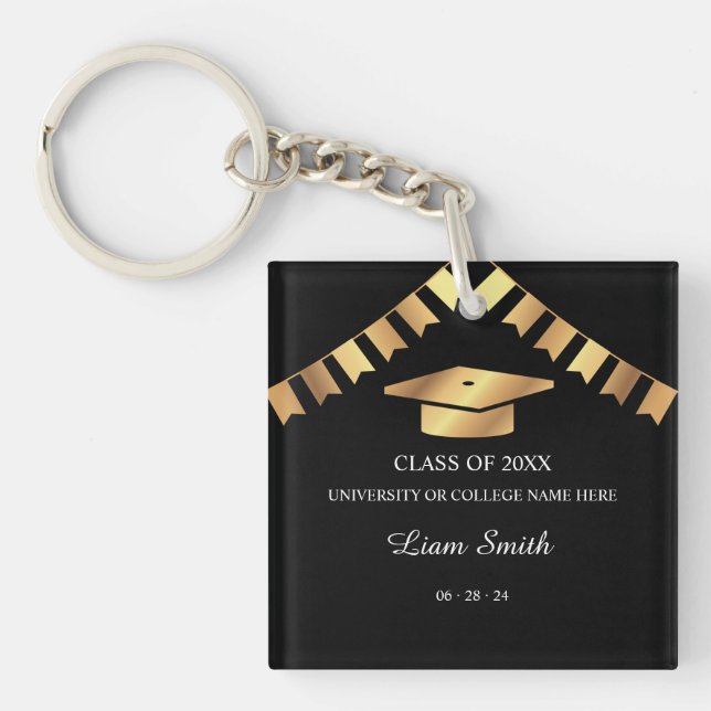 Elegant Graduation Keepsake Black and Gold Theme Keychain (Front)