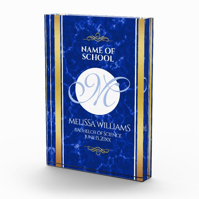 Elegant Graduation Monogram Blue Marble Gold Foil Acrylic Award (Right)