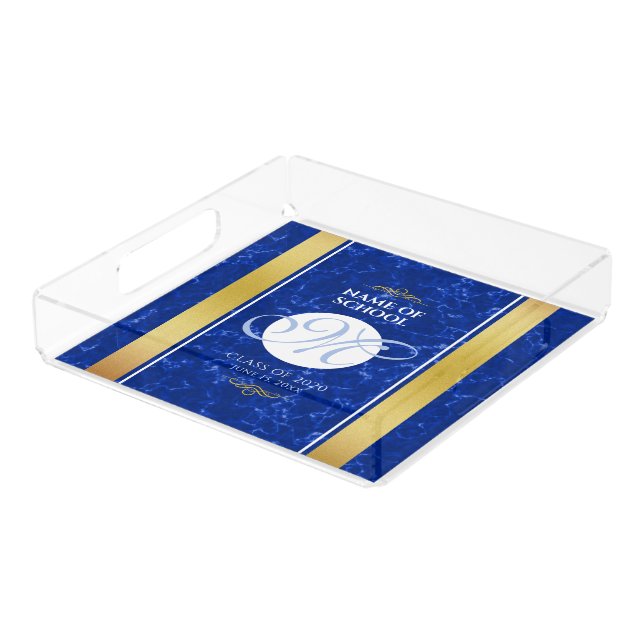 Elegant Graduation Monogram Blue Marble Gold Foil Acrylic Tray (Angled)