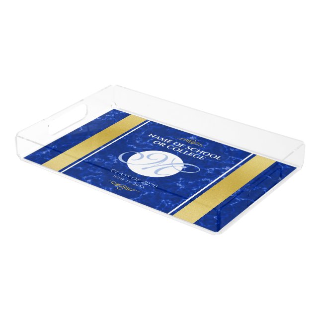 Elegant Graduation Monogram Blue Marble Gold Foil Acrylic Tray (Angled)
