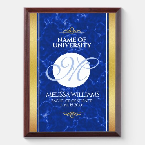 Elegant Graduation Monogram Blue Marble Gold Foil Award Plaque