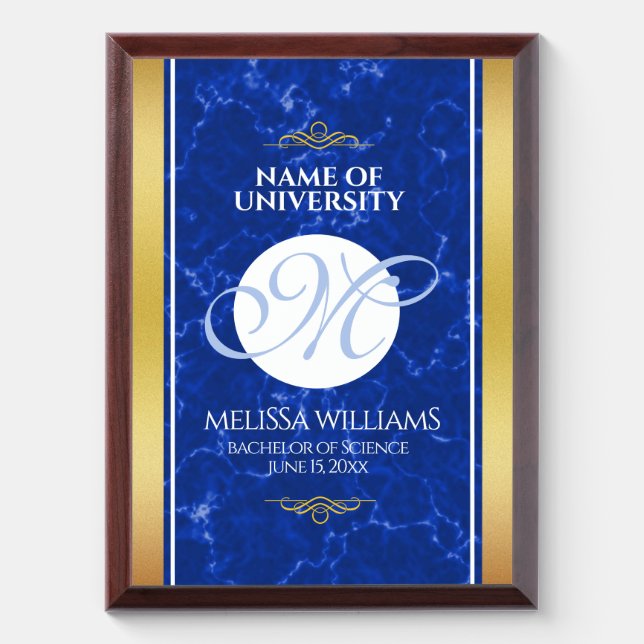 Elegant Graduation Monogram Blue Marble Gold Foil Award Plaque (Vertical)
