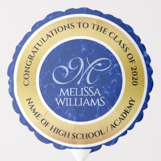 Elegant Graduation Monogram Blue Marble Gold Foil