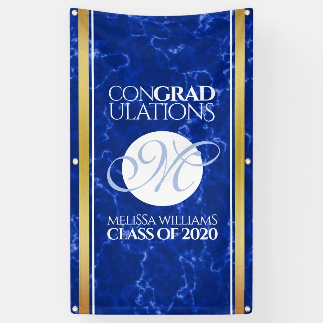 Elegant Graduation Monogram Blue Marble Gold Foil Banner (Vertical)