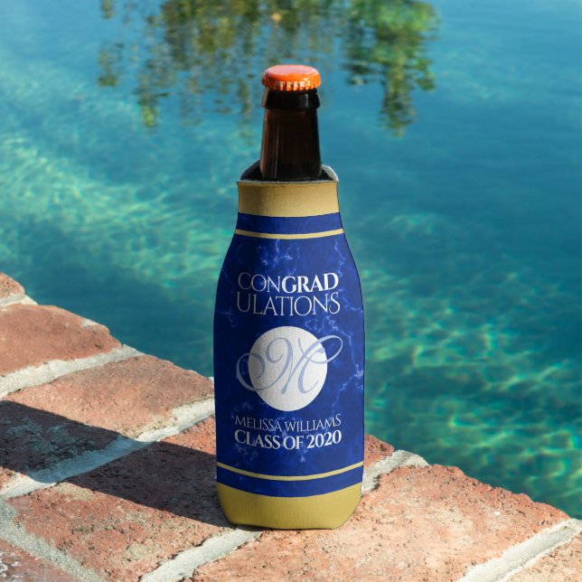 Elegant Graduation Monogram Blue Marble Gold Foil Bottle Cooler (In Situ Pool)