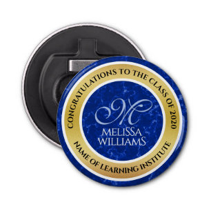Elegant Graduation Monogram Blue Marble Gold Foil Bottle Opener