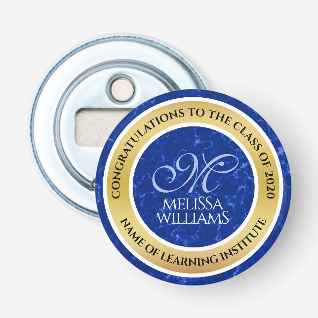 Elegant Graduation Monogram Blue Marble Gold Foil Bottle Opener (Front)