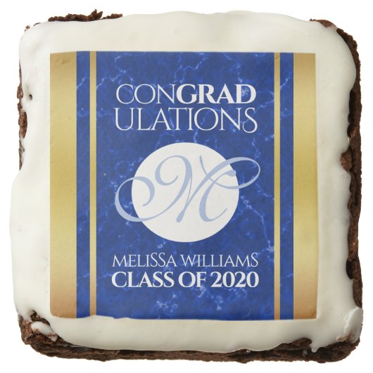 Elegant Graduation Monogram Blue Marble Gold Foil Brownie (Front)