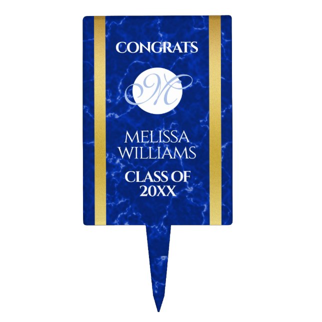 Elegant Graduation Monogram Blue Marble Gold Foil Cake Topper (Front)