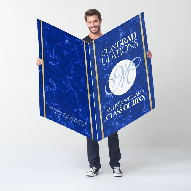 Elegant Graduation Monogram Blue Marble Gold Foil Card (In Situ)