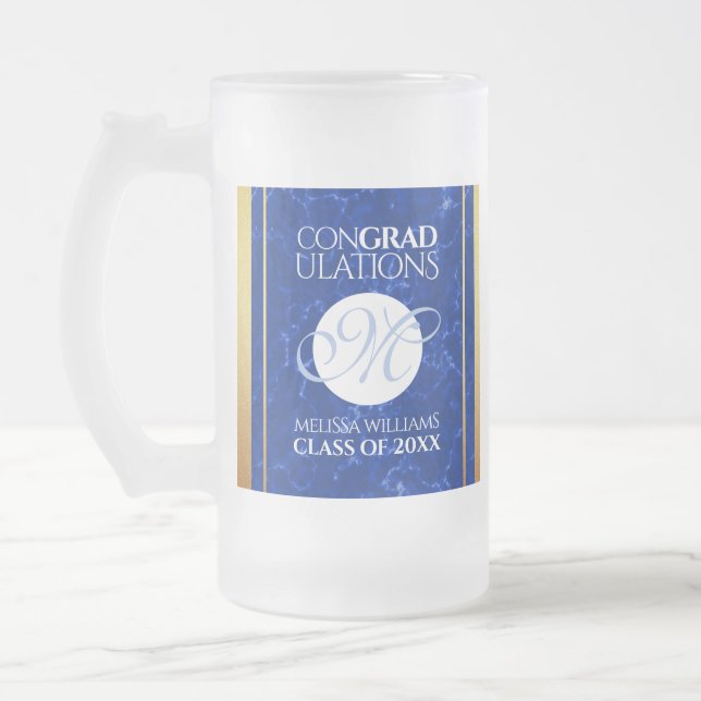 Elegant Graduation Monogram Blue Marble Gold Foil Frosted Glass Beer Mug (Left)