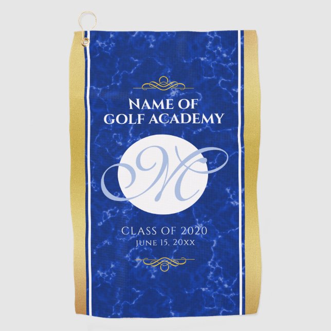 Elegant Graduation Monogram Blue Marble Gold Foil Golf Towel (Front)