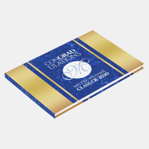 Elegant Graduation Monogram Blue Marble Gold Foil Guest Book