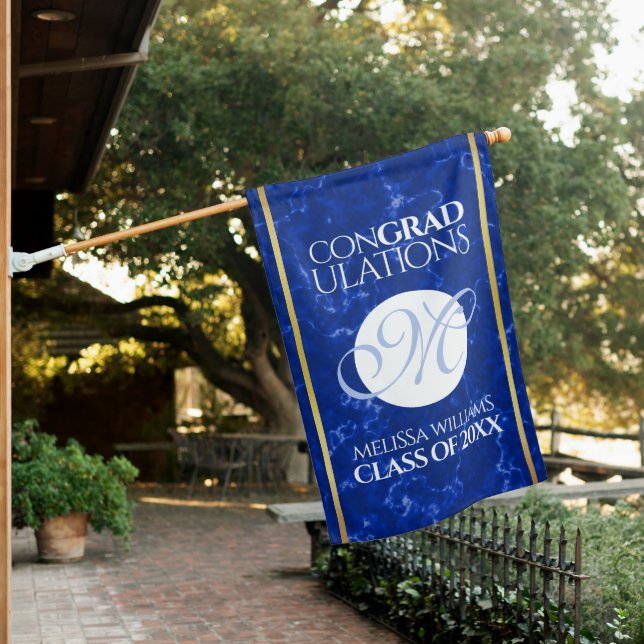 Elegant Graduation Monogram Blue Marble Gold Foil House Flag (In SItu)