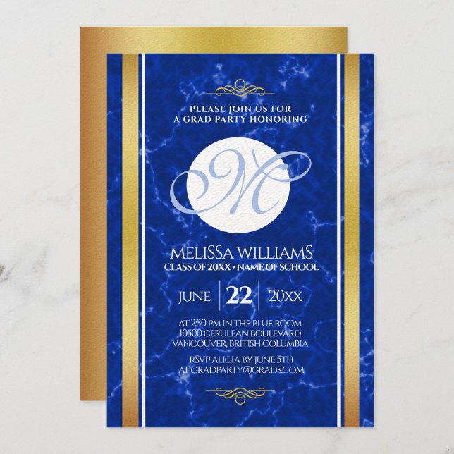 Elegant Graduation Monogram Blue Marble Gold Foil Invitation (Front/Back)