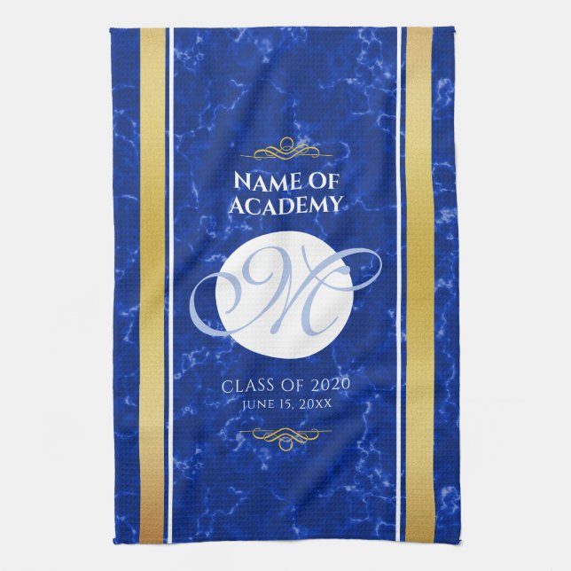 Elegant Graduation Monogram Blue Marble Gold Foil Kitchen Towel (Vertical)