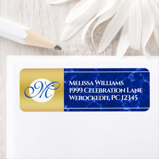 Elegant Graduation Monogram Blue Marble Gold Foil Label (Insitu)