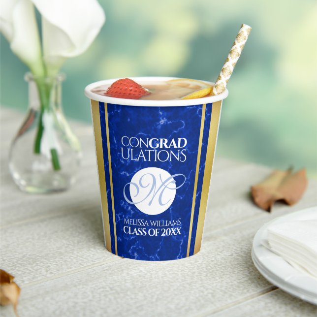 Elegant Graduation Monogram Blue Marble Gold Foil Paper Cups (Insitu)