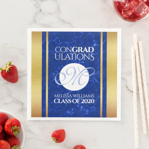 Elegant Graduation Monogram Blue Marble Gold Foil Paper Dinner Napkins