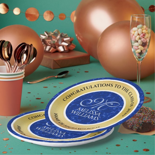 Elegant Graduation Monogram Blue Marble Gold Foil Paper Plates (Multi)