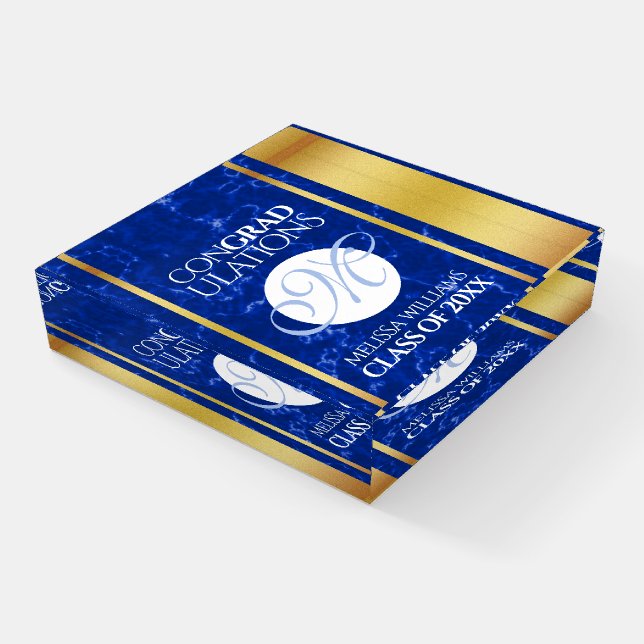 Elegant Graduation Monogram Blue Marble Gold Foil Paperweight (Angled)
