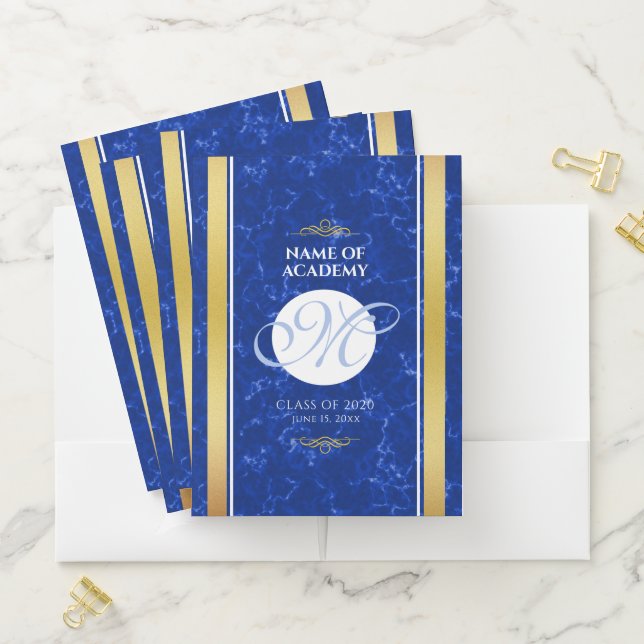 Elegant Graduation Monogram Blue Marble Gold Foil Pocket Folder (In Situ)