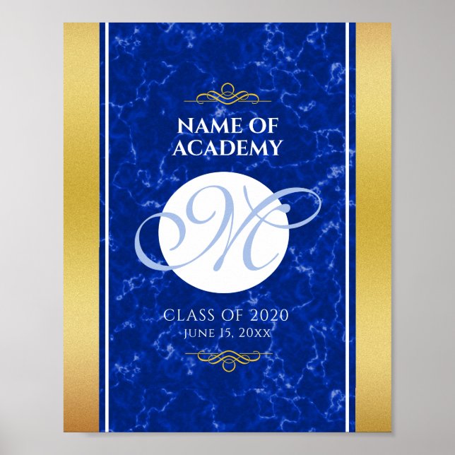 Elegant Graduation Monogram Blue Marble Gold Foil Poster (Front)