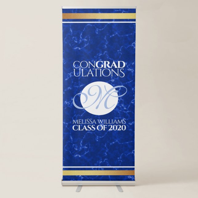 Elegant Graduation Monogram Blue Marble Gold Foil Retractable Banner (Front)