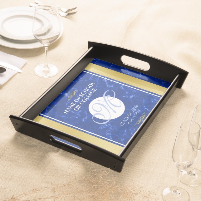 Elegant Graduation Monogram Blue Marble Gold Foil Serving Tray (Front)