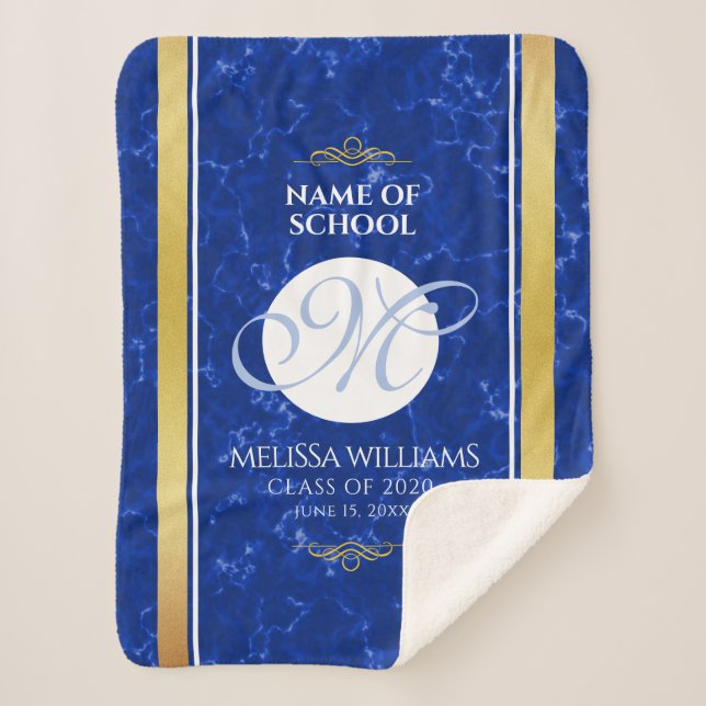 Elegant Graduation Monogram Blue Marble Gold Foil Sherpa Blanket (Front)