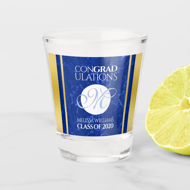 Elegant Graduation Monogram Blue Marble Gold Foil Shot Glass (Front)