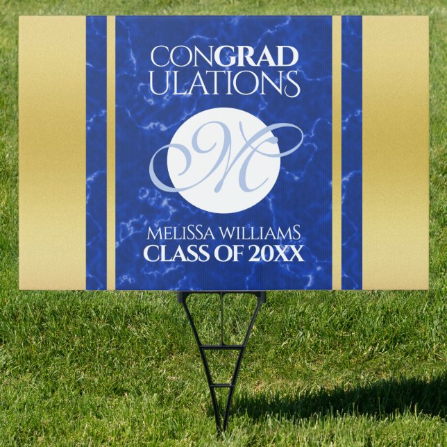 Elegant Graduation Monogram Blue Marble Gold Foil Sign (Insitu)