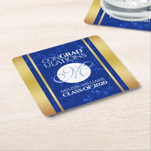 Elegant Graduation Monogram Blue Marble Gold Foil Square Paper Coaster