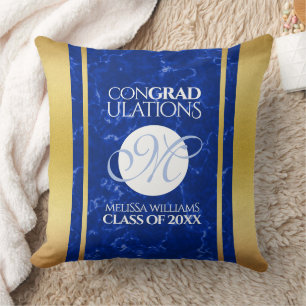 Elegant Graduation Monogram Blue Marble Gold Foil Throw Pillow