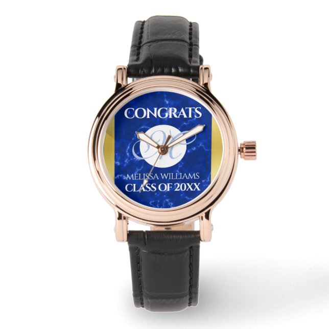 Elegant Graduation Monogram Blue Marble Gold Foil Watch (Front)