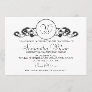 Elegant Graduation Monogram Ribbon Black Invitation