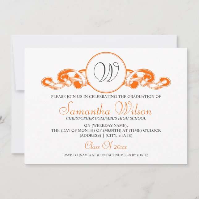 Elegant Graduation Monogram Ribbon Orange Invitation (Front)