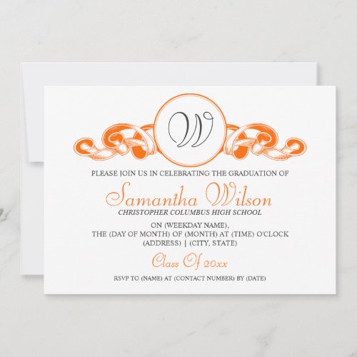 Elegant Graduation Monogram Ribbon Orange 5x7 Paper Invitation Card