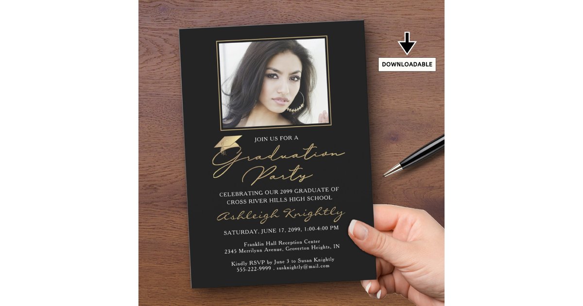 Elegant Graduation One Photo Black Gold Script Cap Invitation | Zazzle
