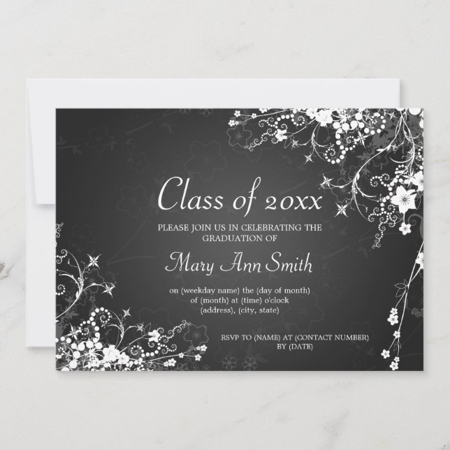 Elegant Graduation Party Dotted Swirls Black Invitation (Front)
