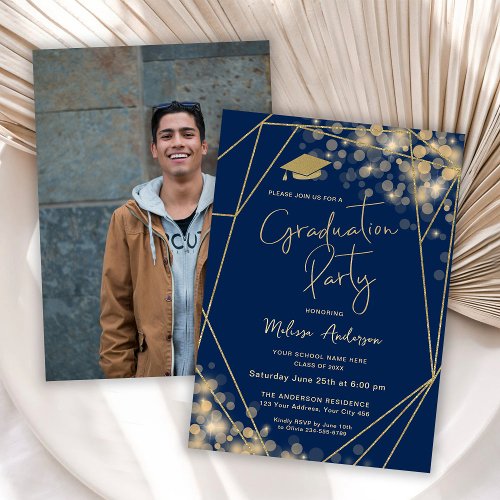 Elegant Graduation Party Navy Blue Photo Invitation