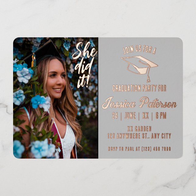 Elegant Graduation Party Photo Modern Style Foil Invitation (Front)