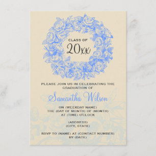 Elegant Graduation Party Vintage Roses Blue Tan Invitation
