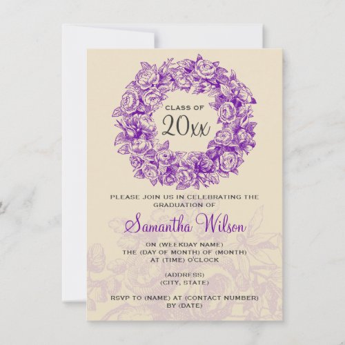 Elegant Graduation Party Vintage Roses Purple Tan Custom Invitation