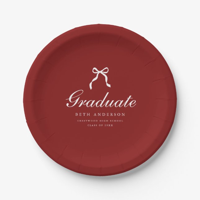 Elegant Graduation Party Wine Red Coquette Bow Paper Plates (Front)